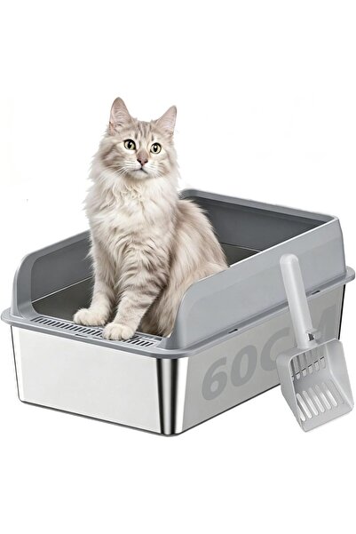 Generic Stainless Steel Cat Litter Box 60x40x35cm, Extra Large High-Sided Ant...