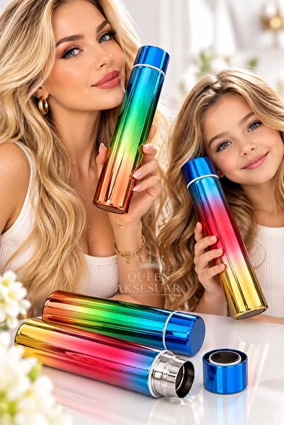 QUEEN AKSESUAR Luxurious Colorful Shiny Metallic Slim Thin Long Steel Thermos...