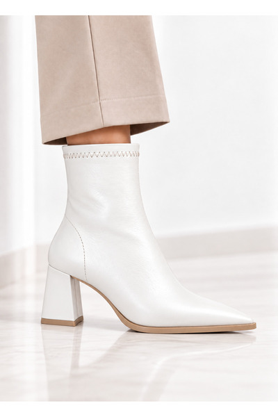 CİMİLİ SHOES Women's White Leather Heeled Boots Pointed Toe Side Zipper Thick Heel 183