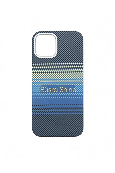 iPhone 12 / 12 Pro MagSafe Karbon Kılıf - Büşra Shine Mavi Çizgili Premium Koruyucu Kılıf