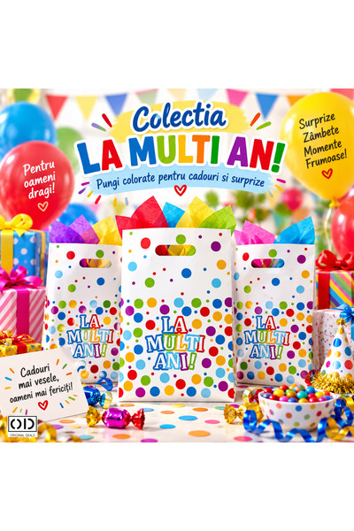 ORIGINAL DEALS Set de 10 pungi cadou, La mulți ani, 16,5 x 25 cm, Plastic, Multicolor