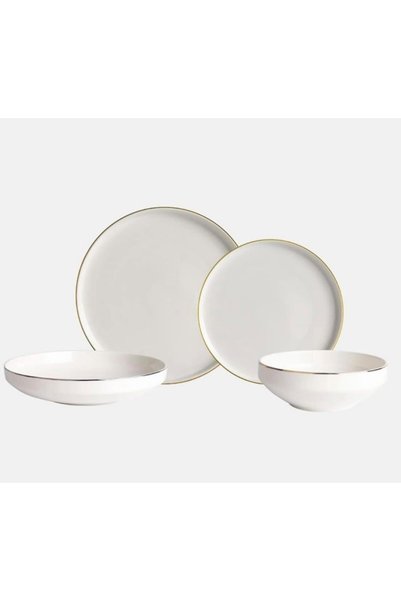 Generic 24 Piece Dinner Set for 6 People White Crockery with Gold Rim Scandinavian Porcelain Dinnerware Set