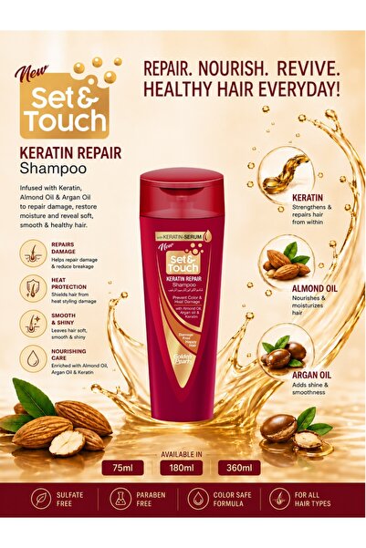 Golden pearl Set and Touch - Keratin Repair Shampoo - 360ml | With Almond Oil, Argan Oil & Keratin