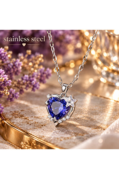 stainless steell Steel Necklace with Shiny Purple Stones and Silver Color Chain