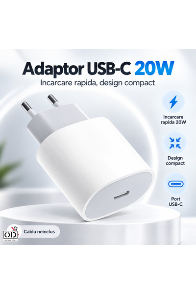 ORIGINAL DEALS Încărcător de perete USB-C 20W cu încărcare rapidă, 100-240V, Compatibil cu iPhone, Alb