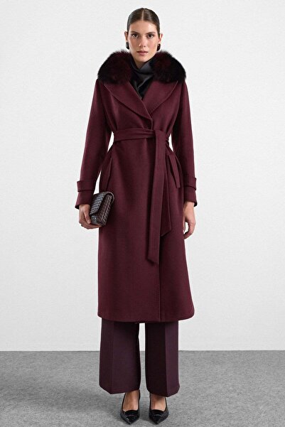 Olcay Premium Fabric Coat with Knit Stitching Detail and Detachable Fur Mürdü...