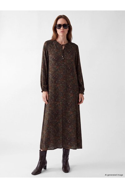 LC Waikiki Khaki Tie-Neck Patterned Dress
