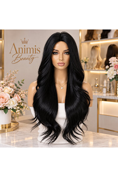 animis beauty Perucă lungă NEAGRĂ, ondulată, din fibră sintetică, fără breton...