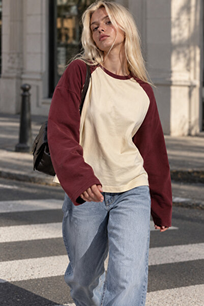 Rich Women's Tile Cream Raglan Sleeve Cotton Oversize Sweatshirt