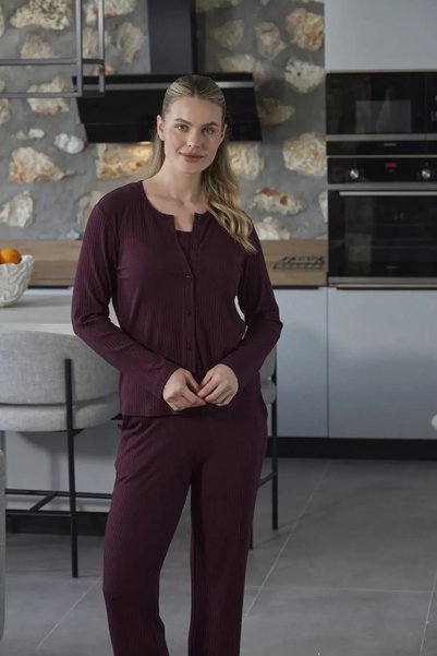 Cossy By Aqua Ceketli 3'lü Kadın Pijama Takımı CossybyAqua 27108-36 - BORDO