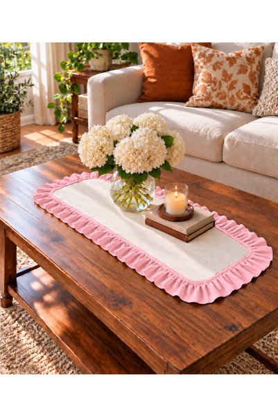 ŞAH TEXTILE DESIGN Fırfırlı premıum keten 30x80 runner ,konsol , sehpa örtüsü