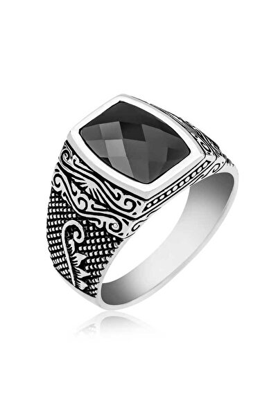 BlackCraft Silver Cut Stone Patterned Men's Ring