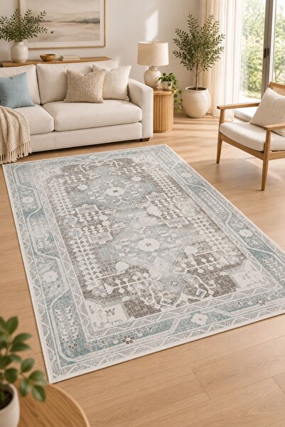 Oriente Home Arvena Serisi Retro Gri Mavi Şönil Makine Halısı Kaymaz Taban Sa...