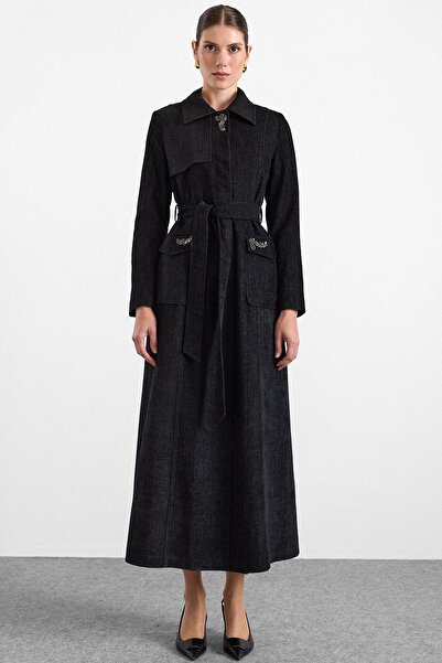 Olcay Stone Decorated Soft Touch Overcoat Black 6915
