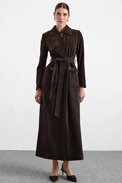 Olcay Stone Decorated Soft Touch Overcoat Brown 6915