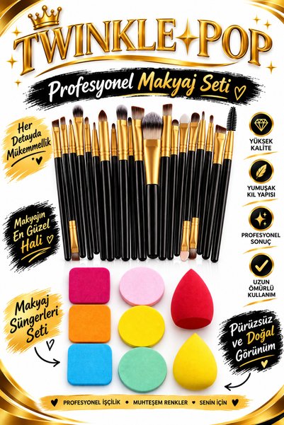 Twinkle Pop Profesyonel Makyaj Fırçası ve Makyaj Süngeri Seti