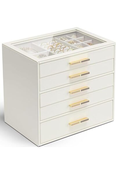 VLANDO 5 Layer Jewelry Box for Women, Glass Lid Jewelry Organizer with 5 Draw...
