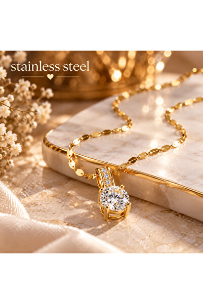 stainless steell Gold Color Clavicle Chain Artificial Diamond Stone Steel Nec...