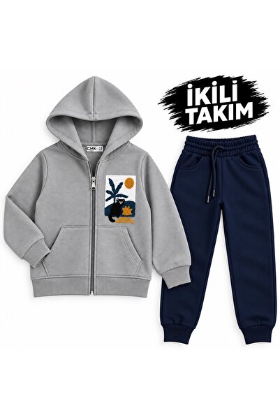 BELMİRO 2'Li Takım Eşofman Altı-Kapşonlu Fermuarlı nakışlı sweatshirt 3 iplik...