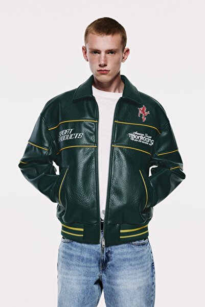 Pull & Bear Nakışlı suni deri ceket