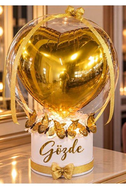 Solemia Kişiye Özel İsimli Gold Kalp Balonlu Kelebek Çiçek Buketi Şeffaf Balo...