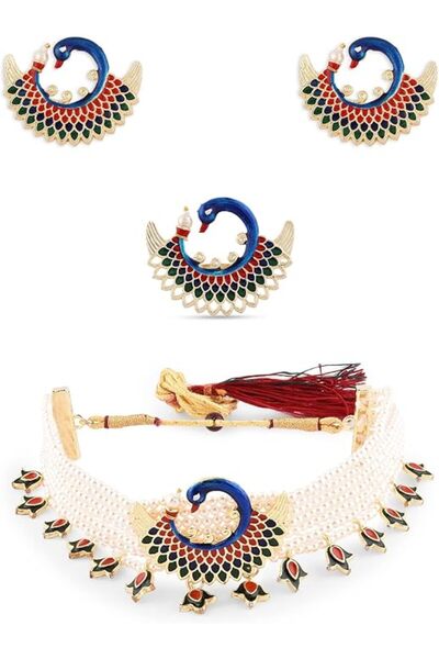 ZAVERI PEARLS طقم مجوهرات متعدد الألوان بتصميم الطاووس من الميناكاري، يتضمن ق...