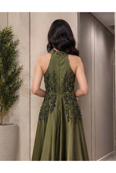 BAKLAFASHO Long Evening Dress Halter Neckline Beaded Sequined Bodice with Satin Train - Olive