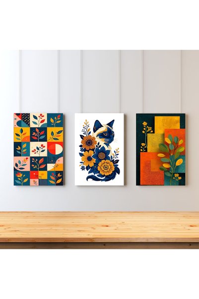 özkacar MODERN FLORAL KEDİ DESENLİ RENKLİ SOYUT FİGÜRLÜ 3 LÜ MDF TABLO EV OFİ...