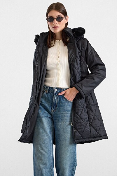 Olcay Removable Fur Hooded Zipper Closure Quilted Coat Black 6923