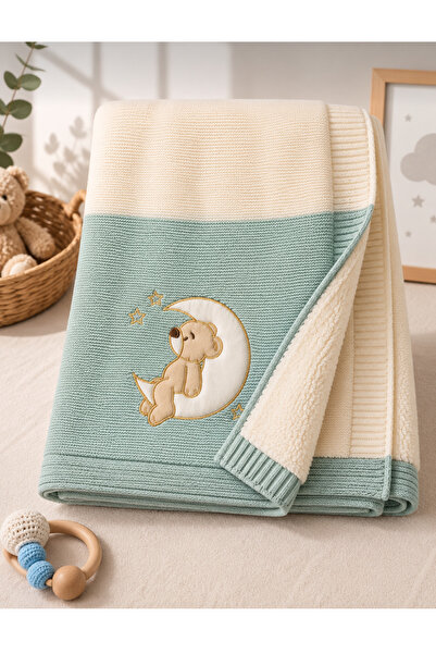 Mou&Kou Soft Teddy Bear Embroidered 90X90 Welsoft Knitwear Baby Blanket