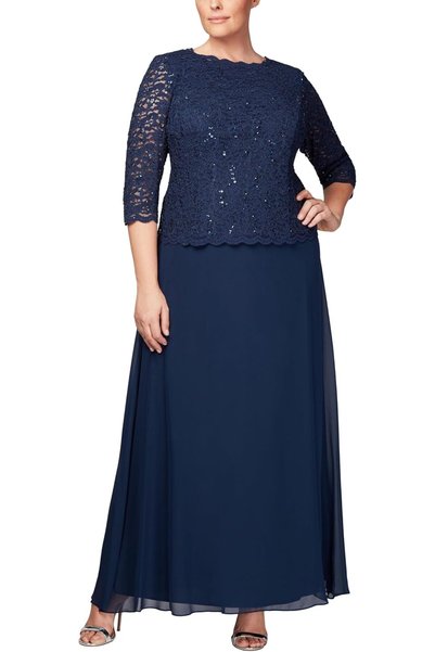 Alex Evenings Women's Plus Size Stretch Lace Bodice Mock One Piece Gown