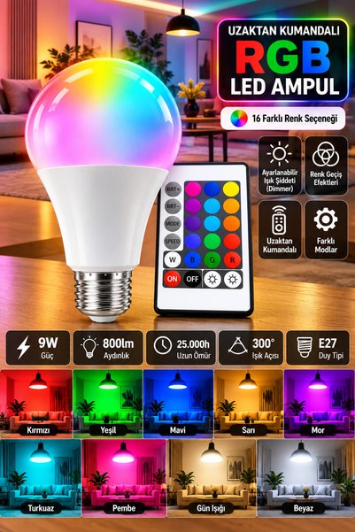 SimaAvize 9W RGB LED Ampul E27 – Uzaktan Kumandalı, 16 Renk, Dimmer Ayarlı