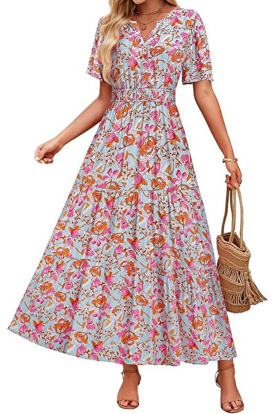 ZESICA Women's 2026 Summer Spring Floral Boho Maxi Dresses Casual Short Sleev...
