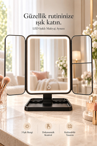 Tilbe Home LED Işıklı Makyaj Aynası Renkli Dokunmatik Büyüteçli Şarjlı Katlan...