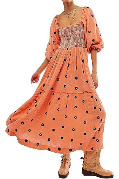 GENERAL ABYOVRT Women Floral Embroidered Maxi Dress Long Puff Sleeve Square N...
