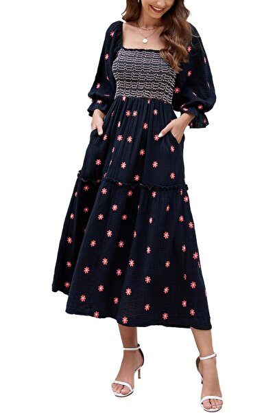 GENERAL ABYOVRT Women Floral Embroidered Maxi Dress Long Puff Sleeve Square N...