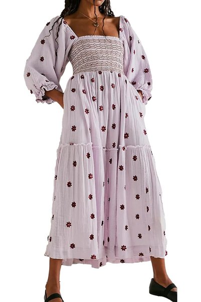 GENERAL ABYOVRT Women Floral Embroidered Maxi Dress Long Puff Sleeve Square N...