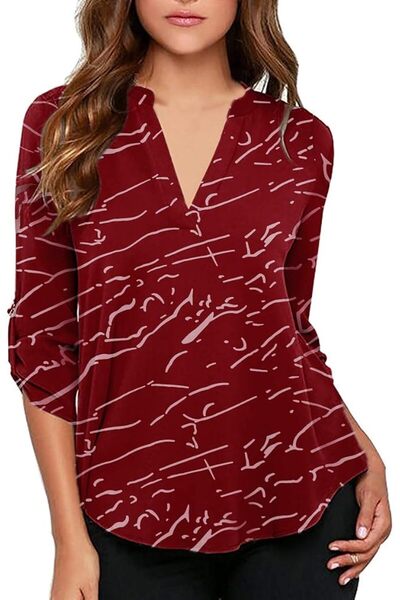 GENERAL roswear Women's Business Casual V Neck Cuffed Sleeves Work Blouse Top