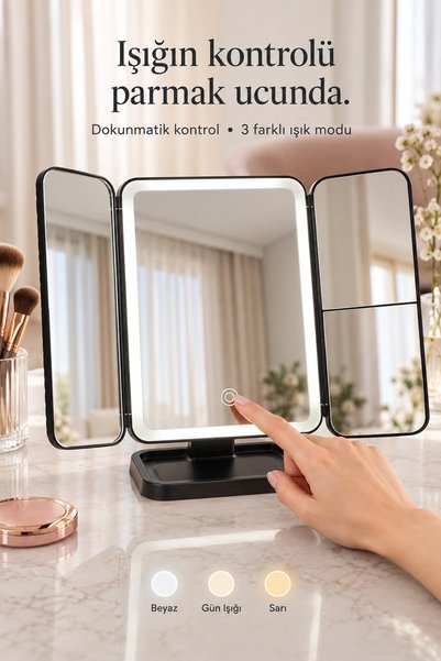 Tilbe Home LED Işıklı Makyaj Aynası Renkli Dokunmatik Büyüteçli Şarjlı Katlanabilir Masaüstü Stüdyo Ayna Siyah