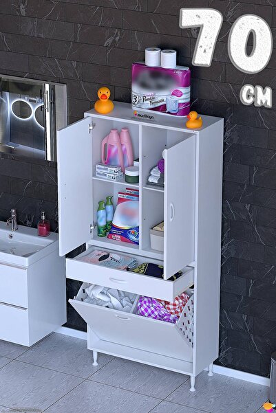 Modilayn YENİ AFRA 70 cm 2 Gözlü Kirli Çamaşır Sepet, 2 Kapak ve Çekmeceli 4 ...