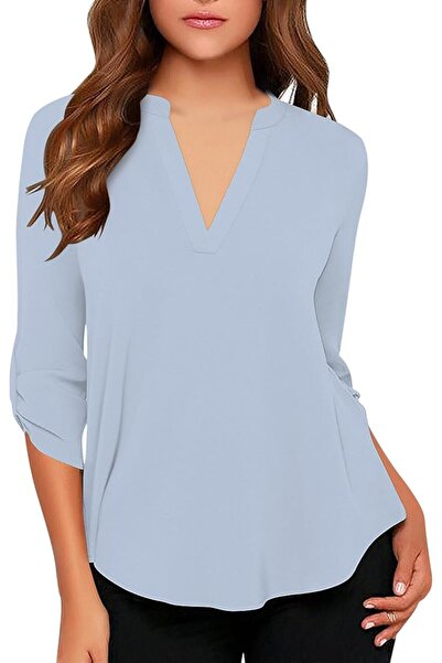 GENERAL roswear Women's Business Casual V Neck Cuffed Sleeves Work Blouse Top