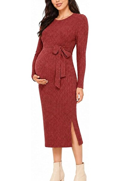 GENERAL guruixu Crewneck Maternity Dress Ribbed Knit Short Sleeve Slim Fit Si...