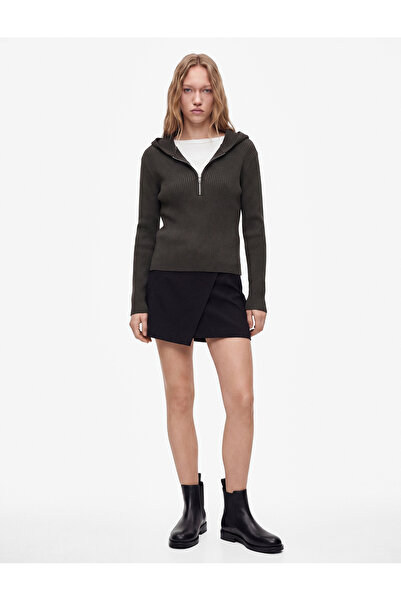 Koton Viskon Slim Fit Uzun Kollu Fermuarlı Kapüşonlu Triko Kazak