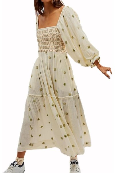 GENERAL ABYOVRT Women Floral Embroidered Maxi Dress Long Puff Sleeve Square N...