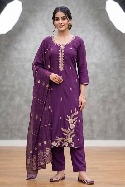 ViViRaSmi Women's Roman Fabric Embroidered Kurta with Pant and Jacquard Dupat...