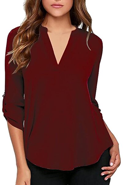 GENERAL roswear Women's Business Casual V Neck Cuffed Sleeves Work Blouse Top