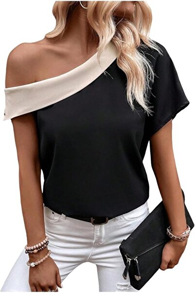 GORGLITTER Women's One Off Shoulder Colorblock Blouses Asymmetrical Short Sle...