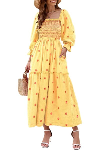 GENERAL ABYOVRT Women Floral Embroidered Maxi Dress Long Puff Sleeve Square N...