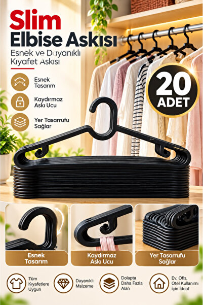 AYGÖREN HOME 20 Adet Slim Elbise Askısı Esnek ve Dayanıklı Kıyafet Askısı Göm...