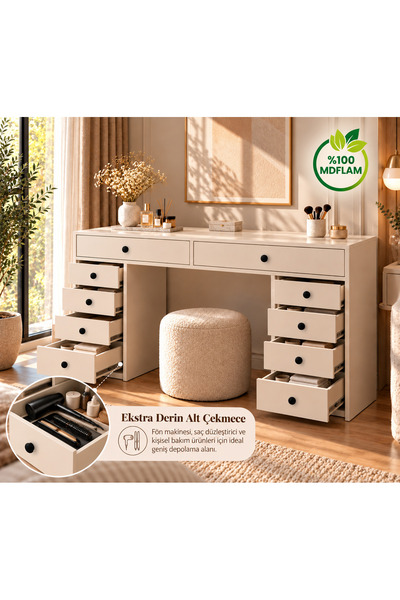 KAVELFIX Modern 10 Çekmeceli Makyaj Masası %100 MDF – Geniş Depolama Alanlı